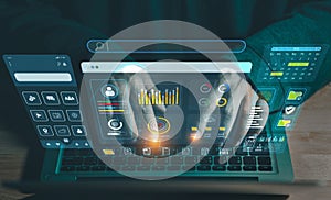 Process of creating an interface for a mobile app. User interface and experience concept. Holographic displays, icons, data