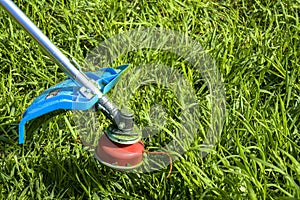 Process of cutting green grass with trimmer. Rotating head with red fishing line cuts grass. Gasoline powered mower. Close-up.