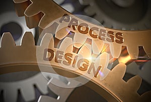 Process Design Concept. Golden Gears. 3D Illustration.