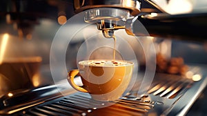 process of espresso coffee preparing with coffee machine, closeup of cup and portafilter