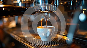process of espresso coffee preparing with coffee machine, closeup of cup and portafilter photo