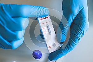 Process of express fast coronavirus covid Antigen AG PCR testing examination at home, COVID-19 swab collection kit, test tube for