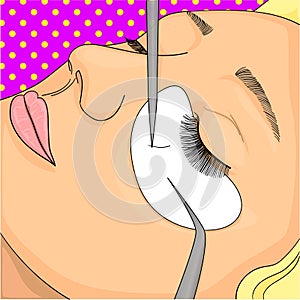 The process of eyelash extensions in the beauty salon. Pop art raster illustration. Imitation comic style