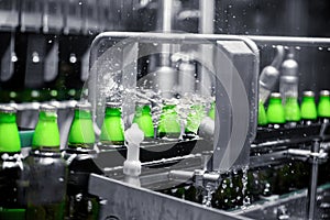 The process of filling beer into bottles on a production conveyor line.