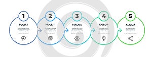 Process flow infographic. 5 steps graphic diagram, circle line business presentation template. Vector 9 options photo