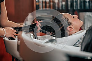 Process of hair massage in a hair studio or salon, hairstyler or hairdresser concept