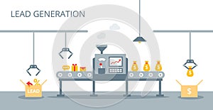 Process of leads production on the conveyor belt. Marketing concept in flat style. Lead generation concept.