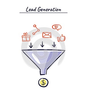 Process of leads production in sales funnel. Online marketing hand drawn illustration. Lead generation vector concept.