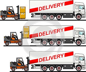 The process of loading with forklift, truck, van and boxes on white background in flat style. Vector