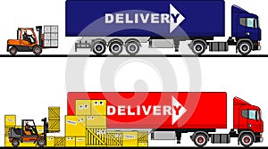 The process of loading with forklift, truck, van and boxes on white background in flat style. Vector
