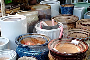 Porcelain pots in rows photo