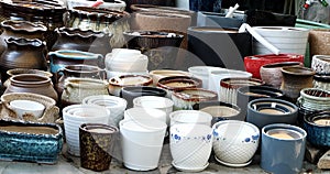 Porcelain pots in rows photo