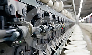 The process of machine operation in a textile factory for the production of cotton thread and yarn