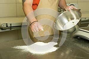 The process of making bread. The chef kneads the dough by hand. The chef`s hands are adding flour