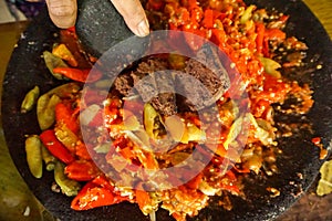 The process of making chili paste typical indonesia and bali