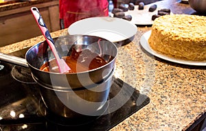 Process of making chocolate icing on the stove