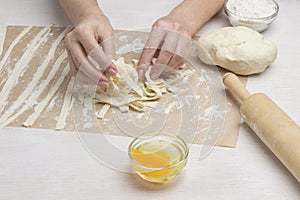 Process of making cooking homemade food. Rolling pin, rolled dough, Eggs and flour