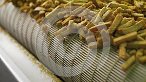 The process of making crackers. Cracker production. Croutons on the conveyor. Bread products on a conveyor line, in a food factory