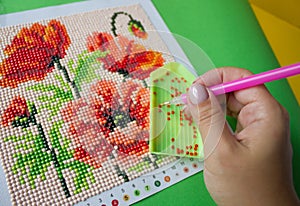 The process of making a diamond mosaic. red poppies on a green background