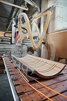 The process of making doors, laminating chipboard at the factory