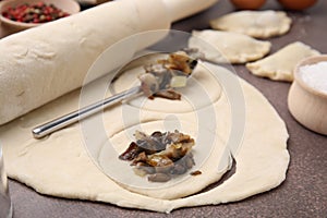 Process of making dumplings (varenyky) with mushrooms. Raw dough and ingredients on grey table, closeup