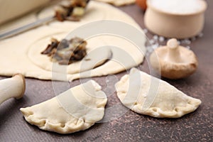 Process of making dumplings (varenyky) with mushrooms. Raw dough and ingredients on grey table, closeup