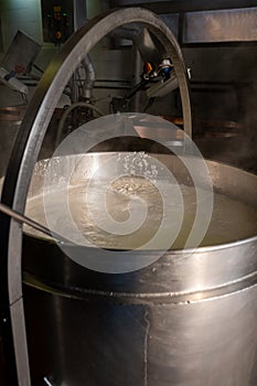 Process of making fresh white soft ricotta whey cheese on small cheese farm in Parma, Italy