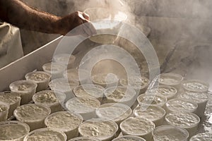 Process of making fresh white soft ricotta whey cheese on small cheese farm in Parma, Italy