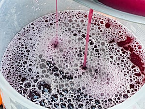 The process of making homemade grape wine. The operation of a hydraulic press to obtain grape juice for fermentation