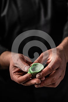 Process of making italian ravioli. Green ravioli with ricotta cheese, spinach