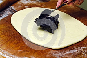 Process of making strudel pie, woman spoon puts poppy stuffing on the dough, wooden board.