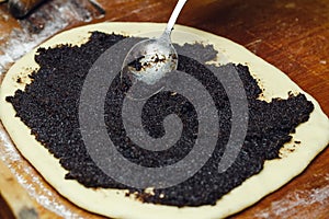 Process of making strudel pie, woman spoon puts poppy stuffing on the dough, wooden board.