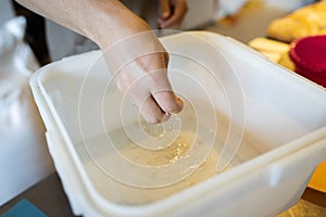 The process of making wheat bread. Adding yeast to the water before kneading.