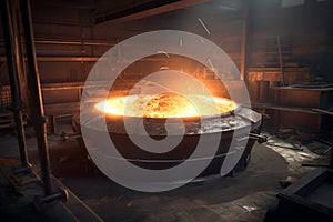 Process of melting metal in a blast furnace. Metallurgical production in the hot shop at the plant. Generative AI