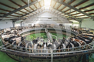 Process of milking cows on industrial rotary equipment on dairy farm