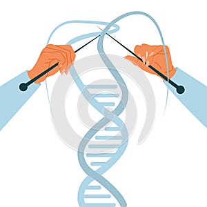 Process of molecular cloning, editing modification dna, laboratory of anatomical genes. Hands knitting molecule. Future