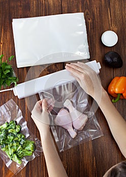 The process of packing raw chicken legs in a vacuum bag