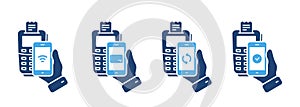Process of Payment on Terminal by Mobile Phone Silhouette Icon Set. POS and Smartphone Bank Processing Pictogram. Check