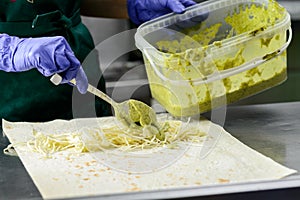 Process of preparing appetizing roll with falafel. Vegetarian fo