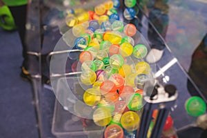 Process of prize drawings, extracting a winning numbers of lottery machine, raffle drum with a bingo balls, bingo machine and
