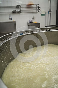 Process of producing of cheese in industry, heating milk with hot water. cheesery dairy farming