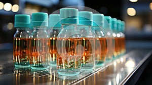 Process of producing cosmetics. Many glass bottles with yellow blue liquid standing near conveyor on factory. Row line