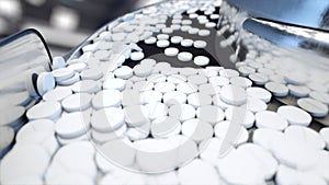 Process of production of pills, tablets. Industrial pharmaceutical concept. Factory equipment and machine. Steel. 3d