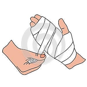 A process of providing first aid to a person in an accident. Bandaging an injured hand