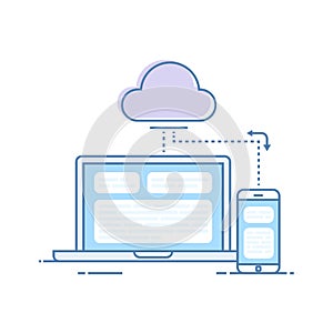 The process of synchronizing data from a mobile phone and a laptop. Storing data in the cloud storage. Vector