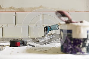 Process of tiling the tiles in the kitchen with necessary tiling