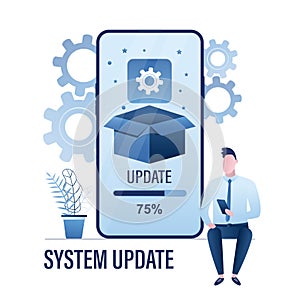 Process updates mobile system on smartphone screen. Upgrade operation system