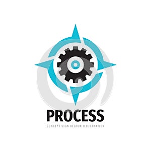 Process - vector business logo template concept illustration. Gear electronic factory sign. Cog wheel icon in rose wind symbol.