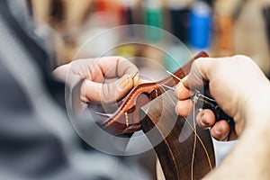 The process of working with the leather with a low depth of field