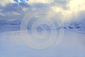 Processed snowcat track, stripes on snow